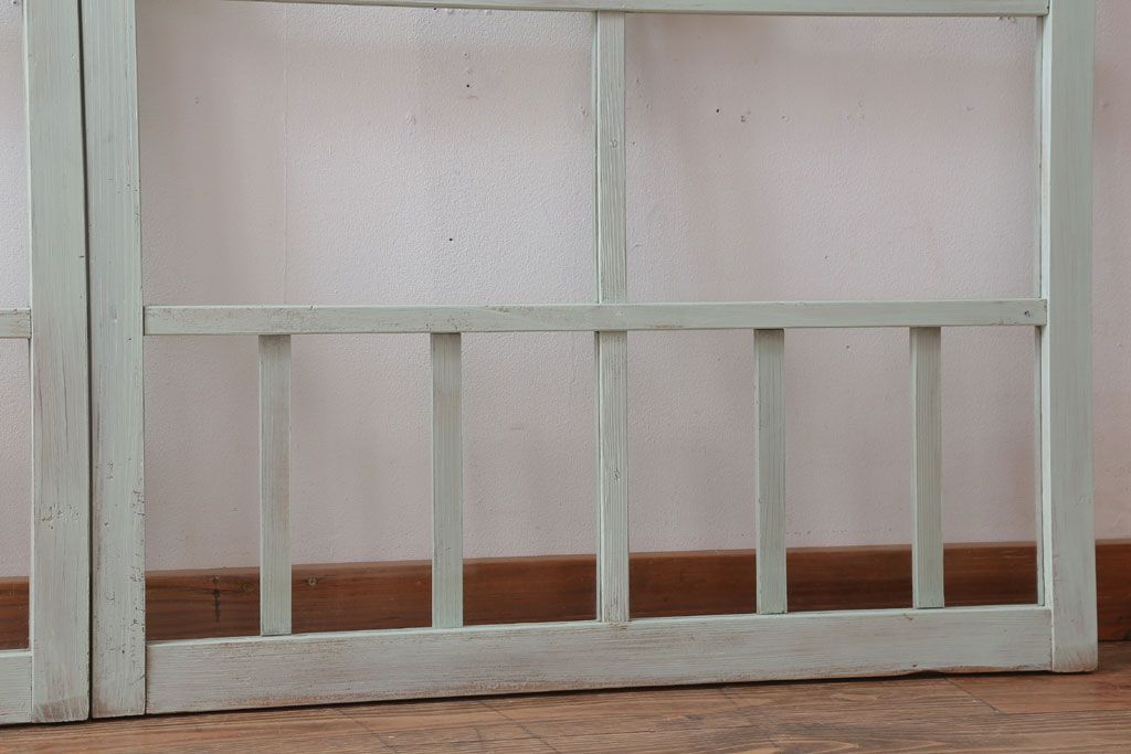 アンティーク　ミントグリーンペイントのガラス戸2枚セット(窓)(1)