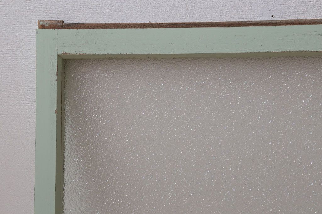 アンティーク　ダイヤガラス入り!ミントグリーンペイントのガラス戸2枚セット(窓)(1)