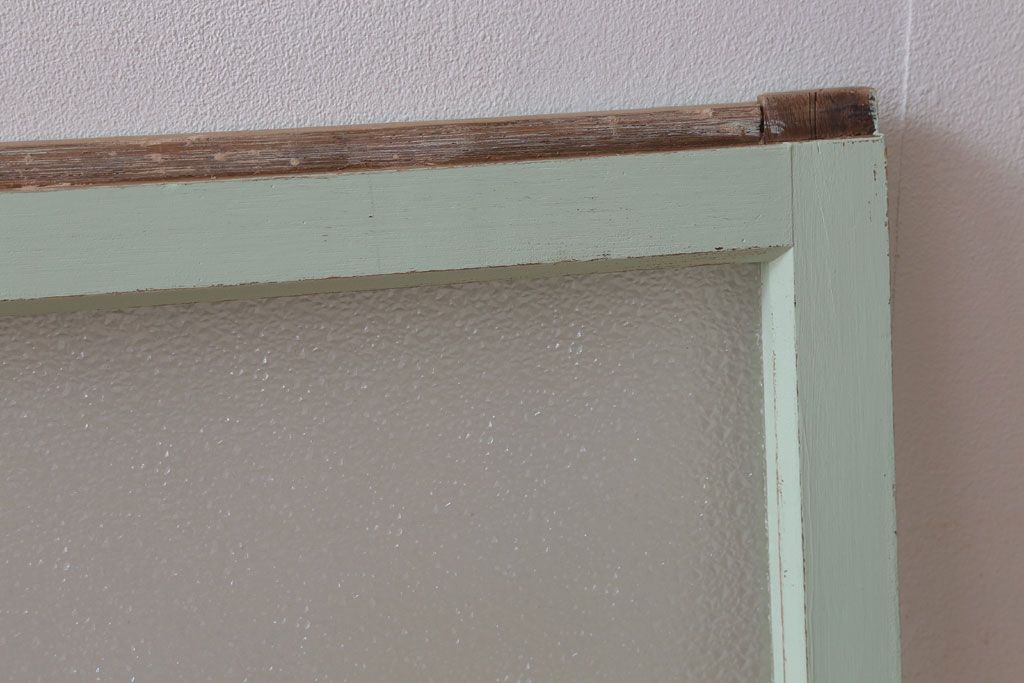 アンティーク　ダイヤガラス入り!ミントグリーンペイントのガラス戸2枚セット(窓)(1)