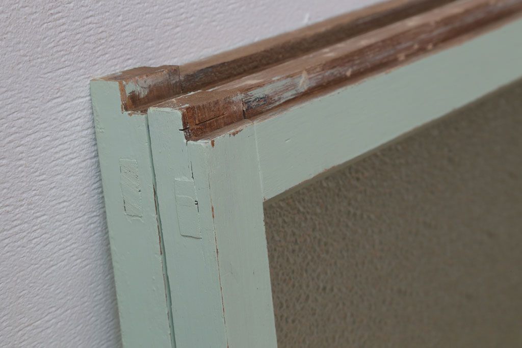 アンティーク　ダイヤガラス入り!ミントグリーンペイントのガラス戸2枚セット(窓)(1)