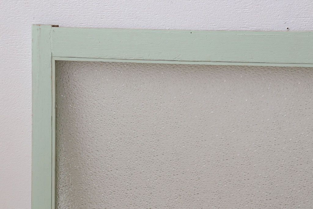 アンティーク　ダイヤガラス入り!ミントグリーンペイントのガラス戸2枚セット(窓)(1)