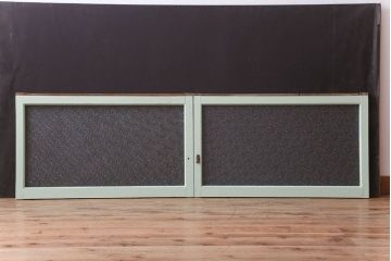 アンティーク　ダイヤガラス入り!ミントグリーンペイントのガラス戸2枚セット(窓)(2)