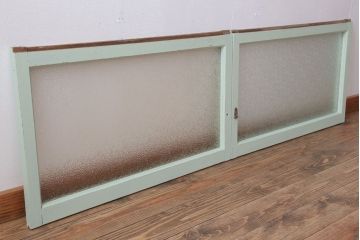 アンティーク　ダイヤガラス入り!ミントグリーンペイントのガラス戸2枚セット(窓)(2)