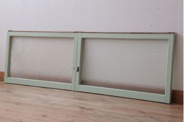 アンティーク　ダイヤガラス入り!ミントグリーンペイントのガラス戸2枚セット(窓)(2)