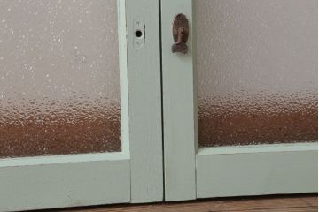 アンティーク　ダイヤガラス入り!ミントグリーンペイントのガラス戸2枚セット(窓)(2)