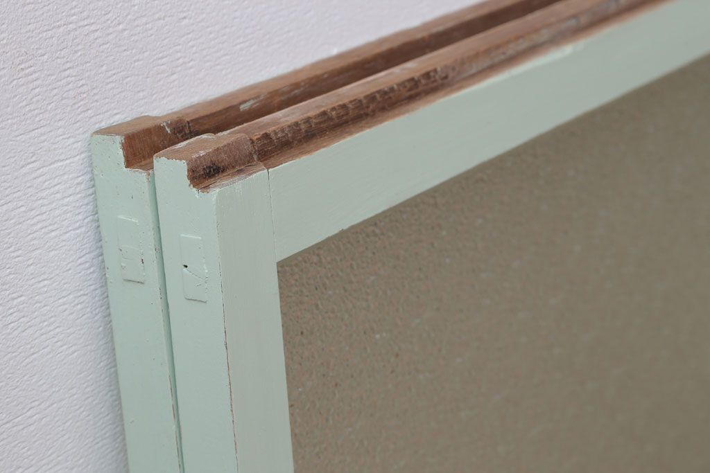 アンティーク　ダイヤガラス入り!ミントグリーンペイントのガラス戸2枚セット(窓)(2)