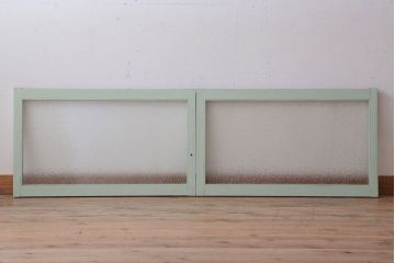 アンティーク　ダイヤガラス入り!ミントグリーンペイントのガラス戸2枚セット(窓)(2)