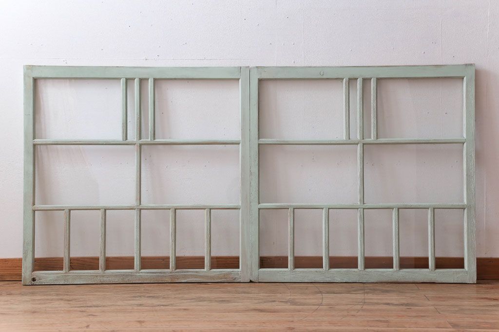 アンティーク　ミントグリーンペイントのガラス戸2枚セット(窓)(2)