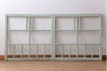 アンティーク　ミントグリーンペイントのガラス戸2枚セット(窓)(2)