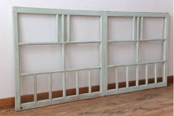 アンティーク　ミントグリーンペイントのガラス戸2枚セット(窓)(2)