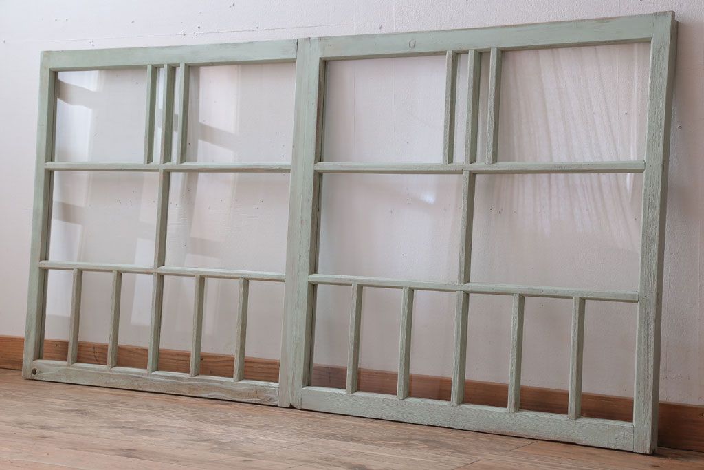 アンティーク　ミントグリーンペイントのガラス戸2枚セット(窓)(2)