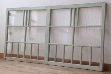 アンティーク　ミントグリーンペイントのガラス戸2枚セット(窓)(2)