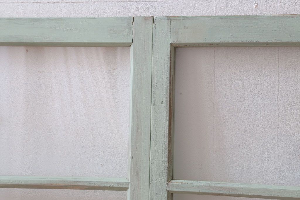 アンティーク　ミントグリーンペイントのガラス戸2枚セット(窓)(2)