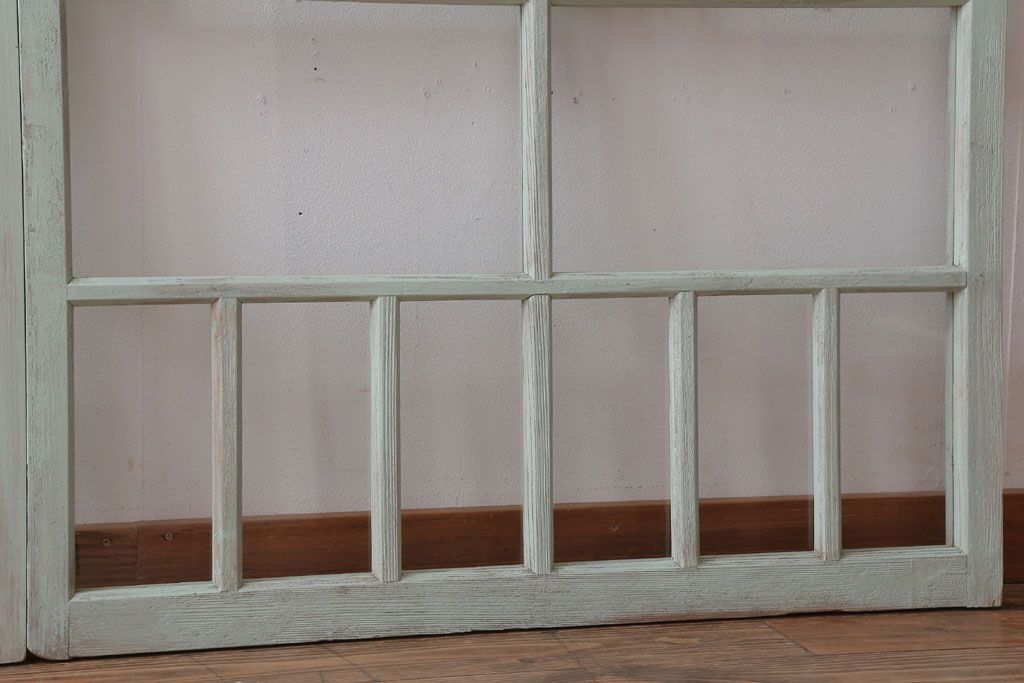 アンティーク　ミントグリーンペイントのガラス戸2枚セット(窓)(2)