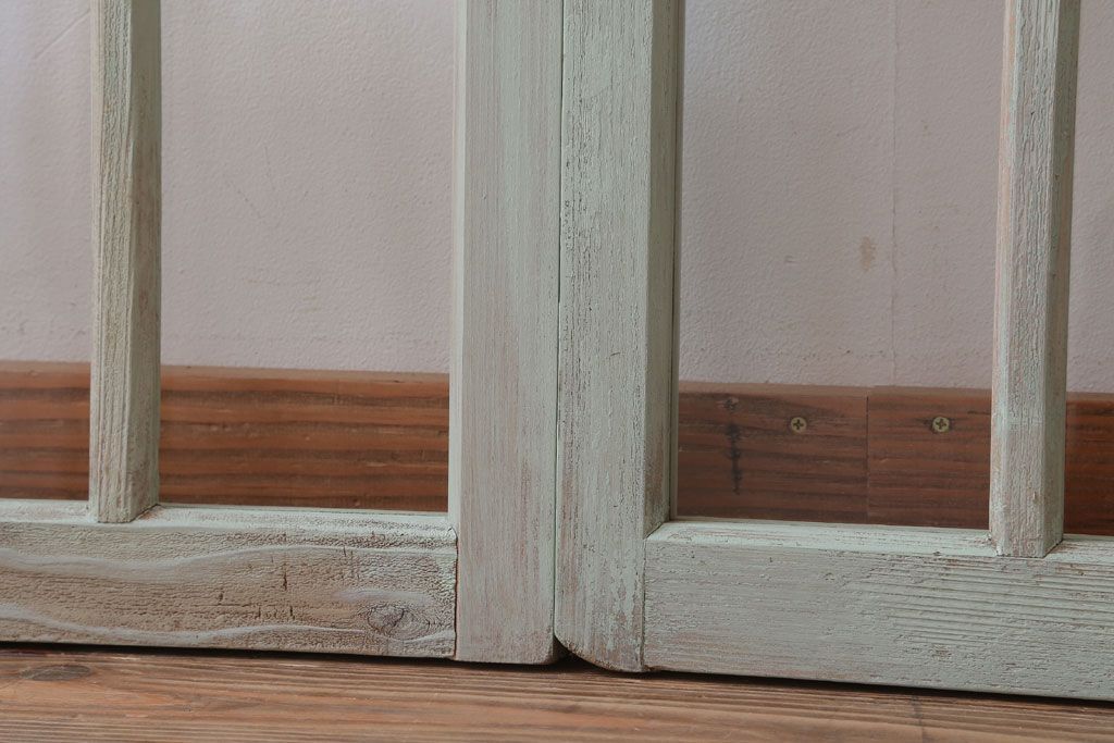 アンティーク　ミントグリーンペイントのガラス戸2枚セット(窓)(2)