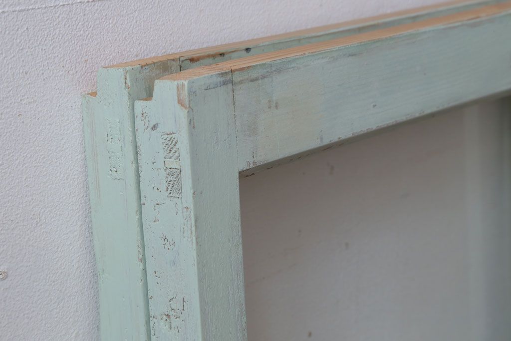 アンティーク　ミントグリーンペイントのガラス戸2枚セット(窓)(2)