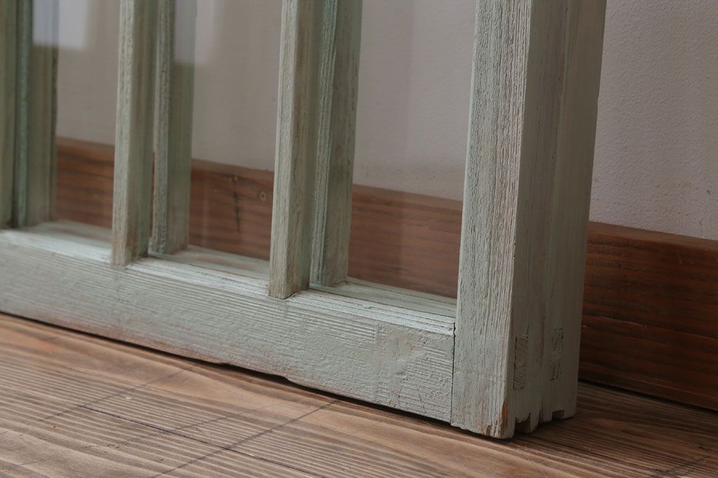 アンティーク　ミントグリーンペイントのガラス戸2枚セット(窓)(2)