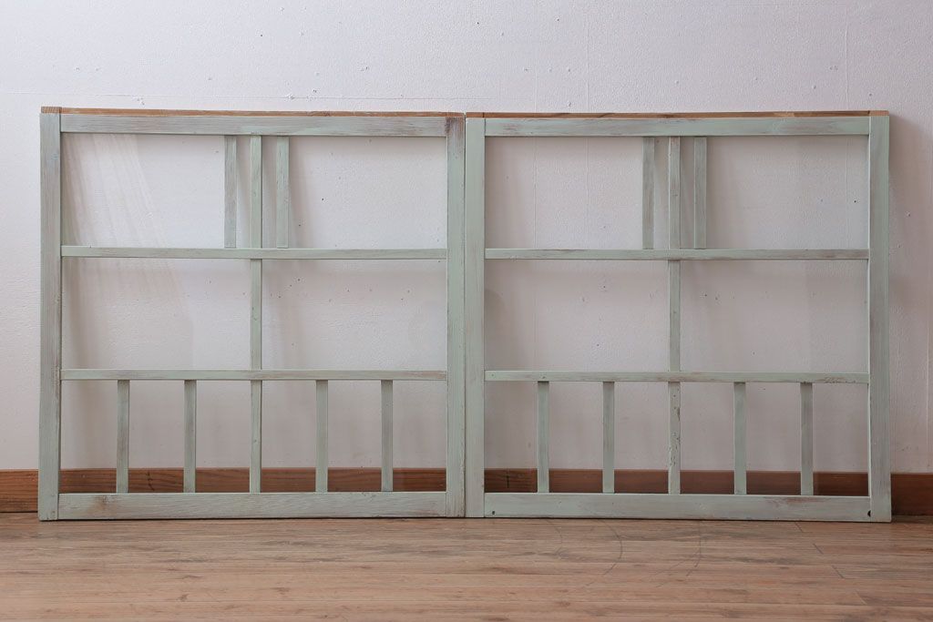 アンティーク　ミントグリーンペイントのガラス戸2枚セット(窓)(2)