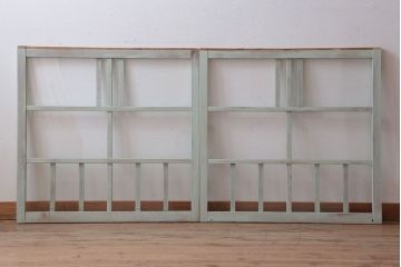 アンティーク　ミントグリーンペイントのガラス戸2枚セット(窓)(2)