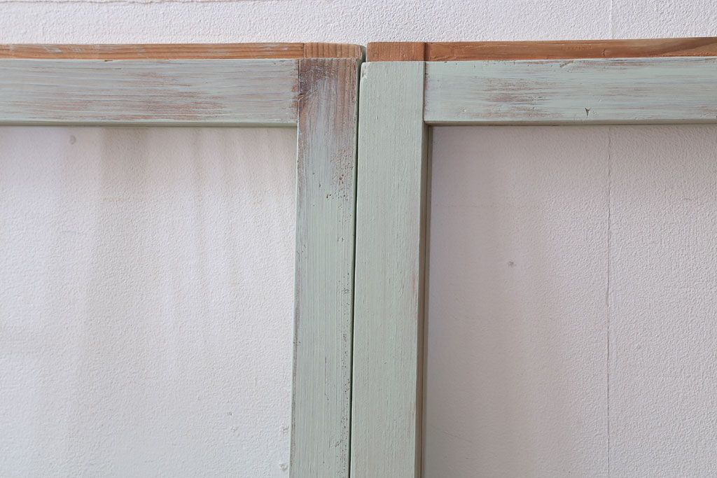 アンティーク　ミントグリーンペイントのガラス戸2枚セット(窓)(2)