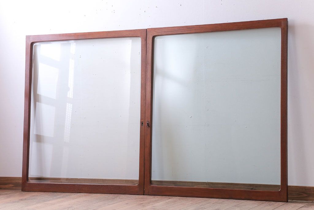 和製アンティーク　総欅材!面取りガラスの引き戸2枚セット(窓)