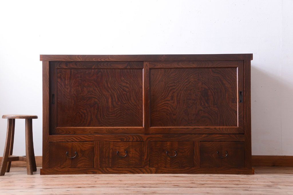 アンティーク家具　五尺　古民具・骨董　米沢地方　前面欅玉杢材!時代箪笥サイドボード(水屋箪笥)(2)