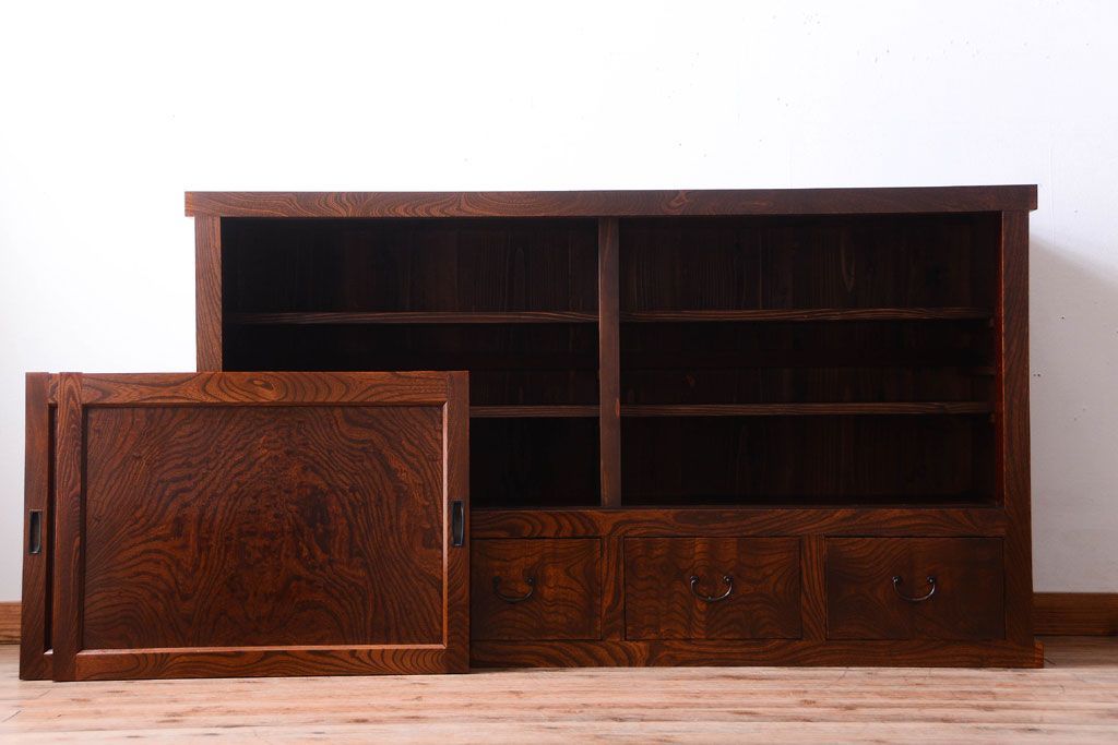 アンティーク家具　五尺　古民具・骨董　米沢地方　前面欅玉杢材!時代箪笥サイドボード(水屋箪笥)(2)