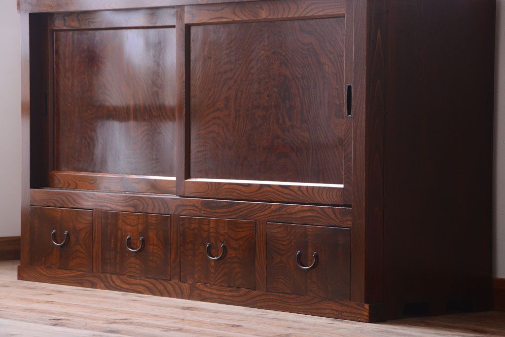 アンティーク家具　五尺　古民具・骨董　米沢地方　前面欅玉杢材!時代箪笥サイドボード(水屋箪笥)(2)