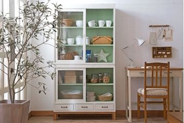 アンティーク家具　アンティークペイント　モールガラス入り!脚付き重ね収納棚(食器棚)