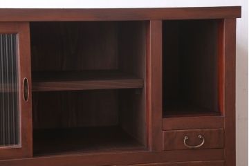 アンティーク家具　和製アンティーク　脚付き!前面欅材のモールガラス引き戸収納棚(サイドボード)