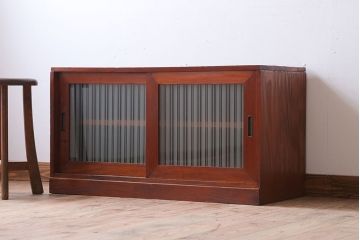 アンティーク家具 和製アンティーク ストライプくもりガラス入り!木製ローボード