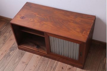 アンティーク家具 和製アンティーク ストライプくもりガラス入り!木製ローボード