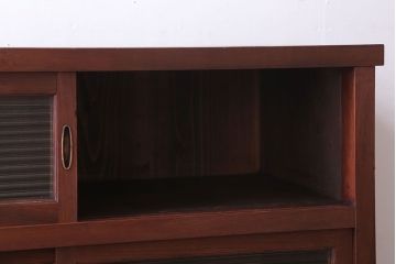 アンティーク家具　和製アンティーク　脚付き!前面欅材のモールガラス引き戸収納棚(サイドボード)(2)