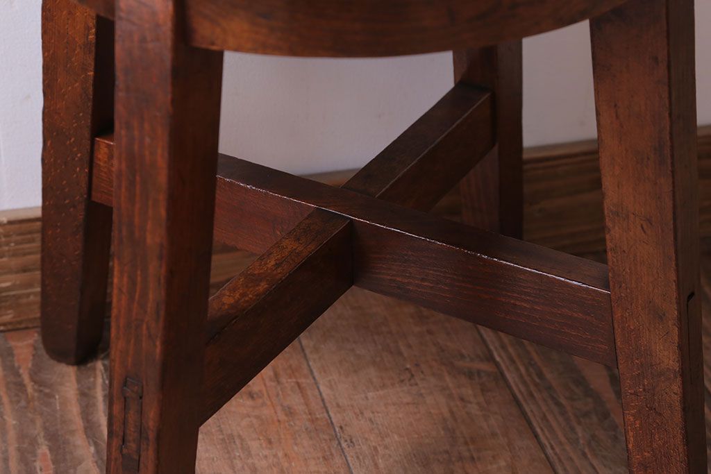 アンティーク家具　和製アンティーク　古いブナ材の小さなクッション座面丸スツール