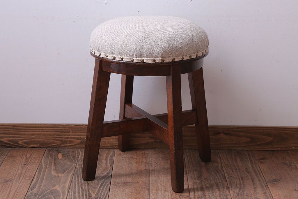 アンティーク家具　和製アンティーク　古いブナ材の小さなクッション座面丸スツール