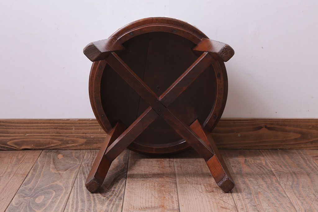 アンティーク家具　和製アンティーク　古いブナ材の小さなクッション座面丸スツール
