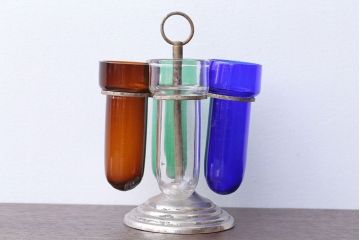 アンティーク雑貨　和製アンティーク　スタンド付き!小さな色ガラス試験管4本