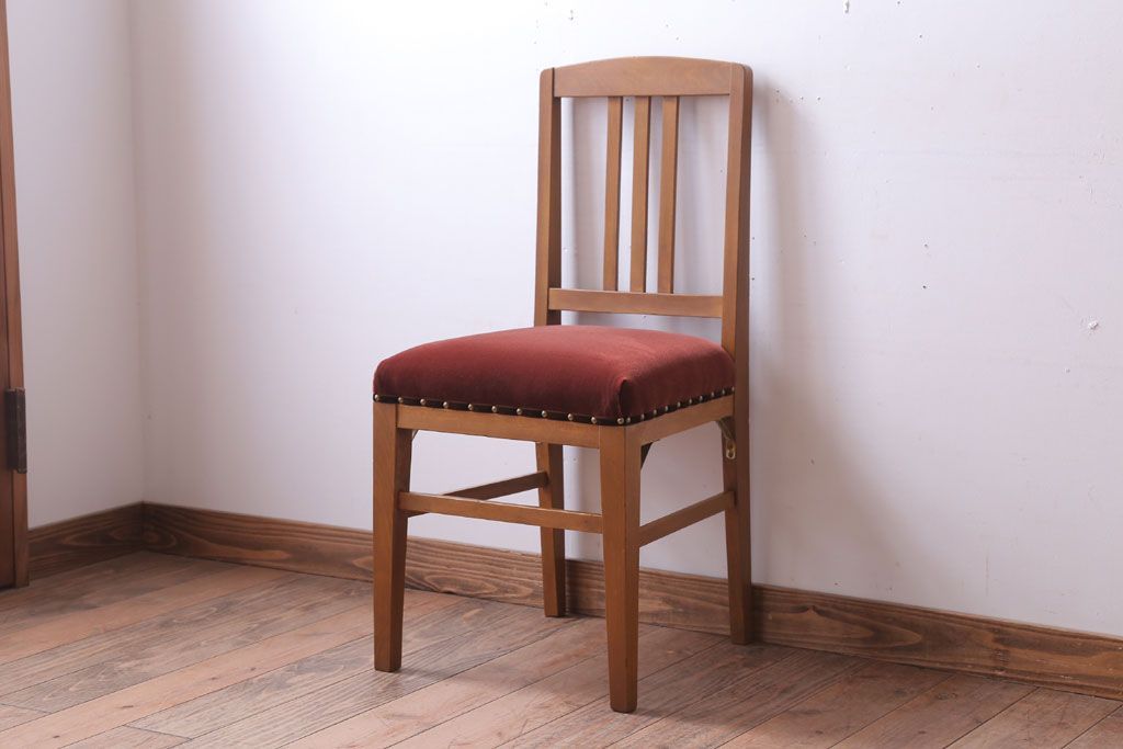 アンティーク家具　和製アンティーク　ナラ材製!ブラウン座面のシンプルチェア