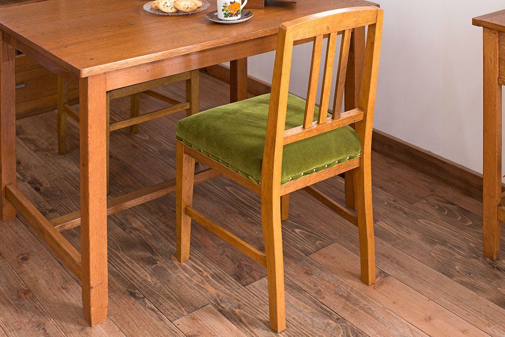 アンティーク家具　和製アンティーク　ナラ材製!モスグリーン座面のシンプルチェア