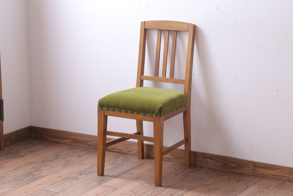 アンティーク家具　和製アンティーク　ナラ材製!モスグリーン座面のシンプルチェア