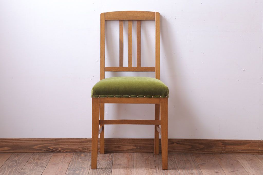 アンティーク家具　和製アンティーク　ナラ材製!モスグリーン座面のシンプルチェア