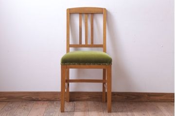 アンティーク家具　和製アンティーク　ナラ材製!モスグリーン座面のシンプルチェア
