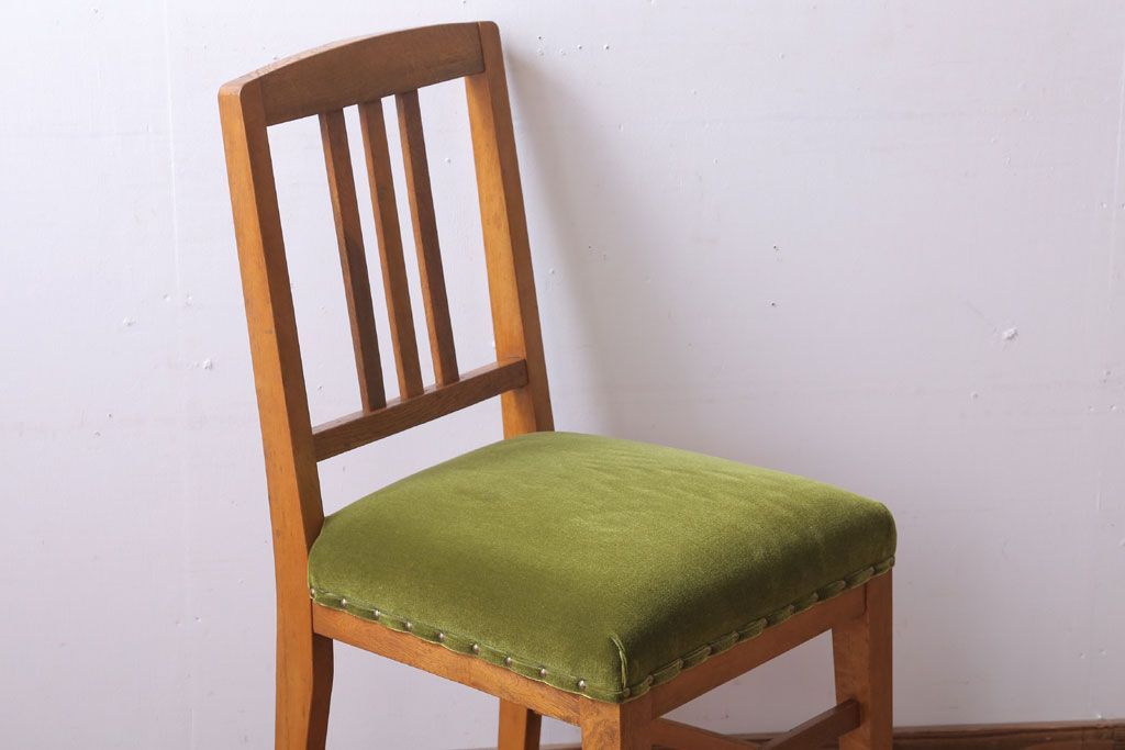 アンティーク家具　和製アンティーク　ナラ材製!モスグリーン座面のシンプルチェア