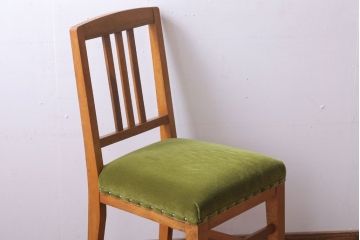 アンティーク家具　和製アンティーク　ナラ材製!モスグリーン座面のシンプルチェア