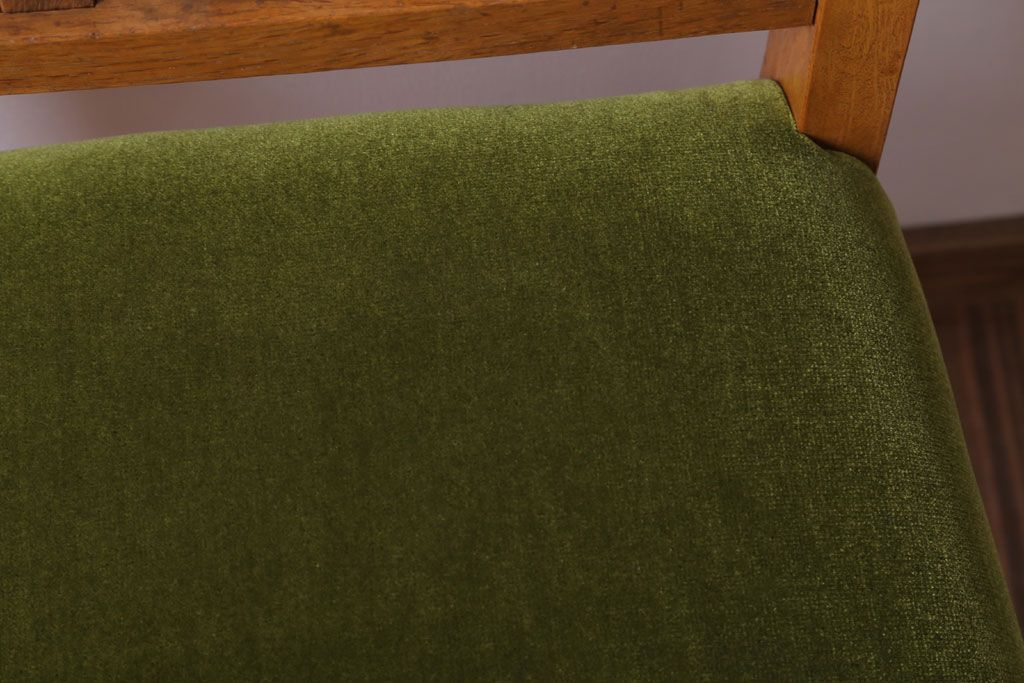 アンティーク家具　和製アンティーク　ナラ材製!モスグリーン座面のシンプルチェア