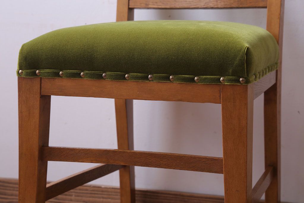 アンティーク家具　和製アンティーク　ナラ材製!モスグリーン座面のシンプルチェア