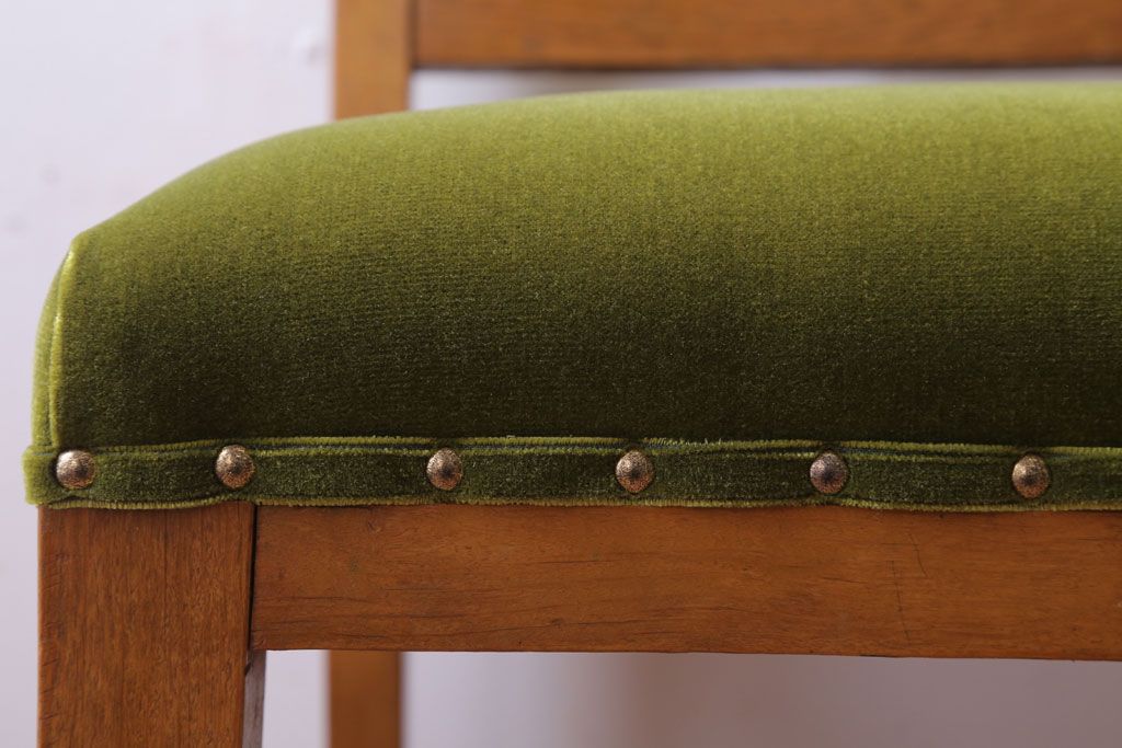 アンティーク家具　和製アンティーク　ナラ材製!モスグリーン座面のシンプルチェア