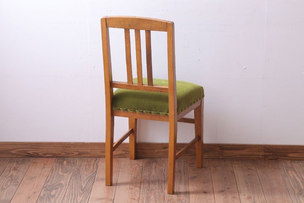 アンティーク家具　和製アンティーク　ナラ材製!モスグリーン座面のシンプルチェア