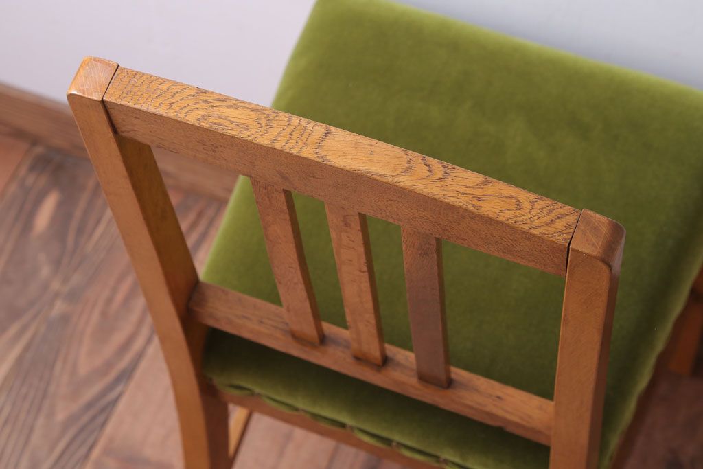 アンティーク家具　和製アンティーク　ナラ材製!モスグリーン座面のシンプルチェア