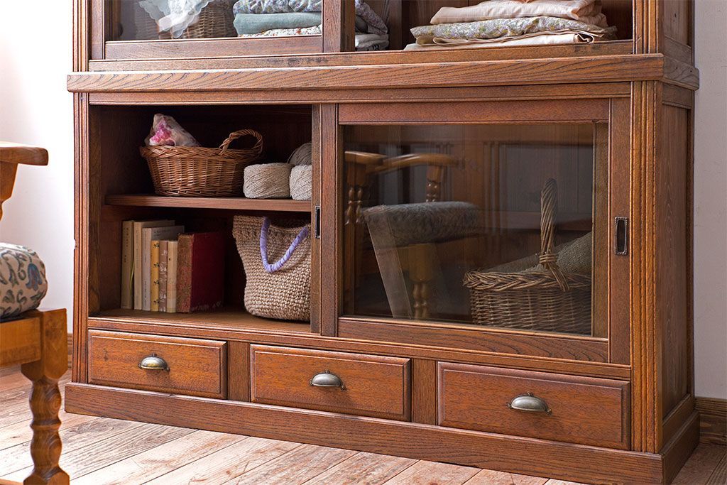 アンティーク家具　大正ロマン　古い木製のアンティーク重ね収納棚(食器棚)